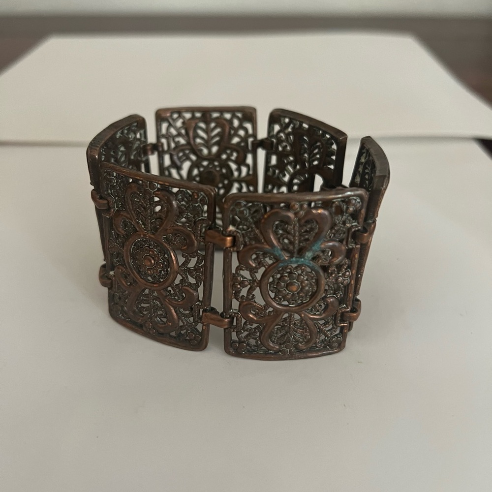 Vintage retro plated copper super wide bracelet, cuff ornate cut outs - Picture 4 of 5